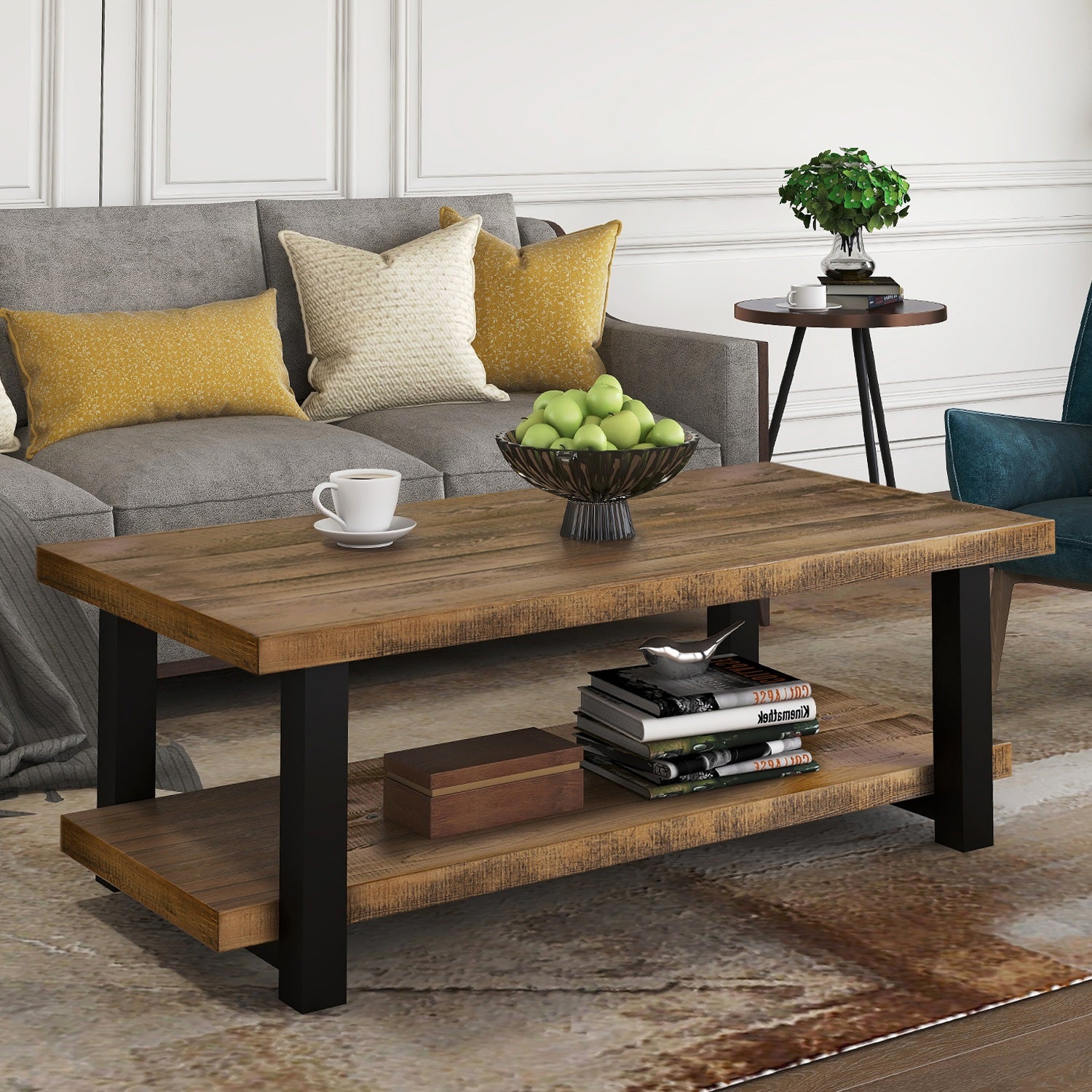 Rustic Natural Coffee Table with Storage Shelf for Living Room