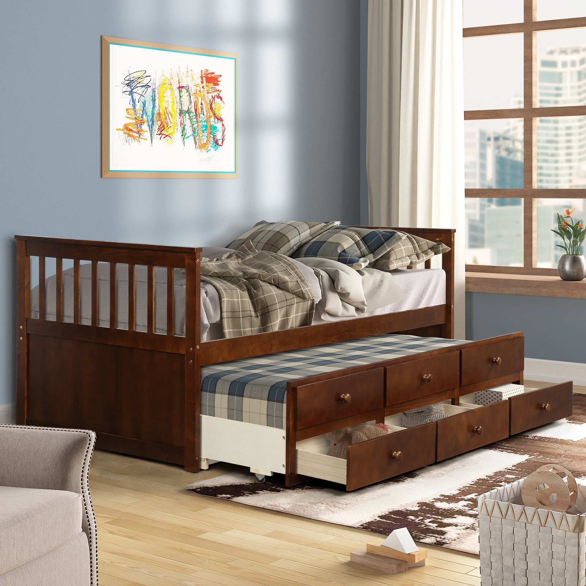 Walnut Captain's Bed Twin Daybed with Trundle Bed and Storage Drawers