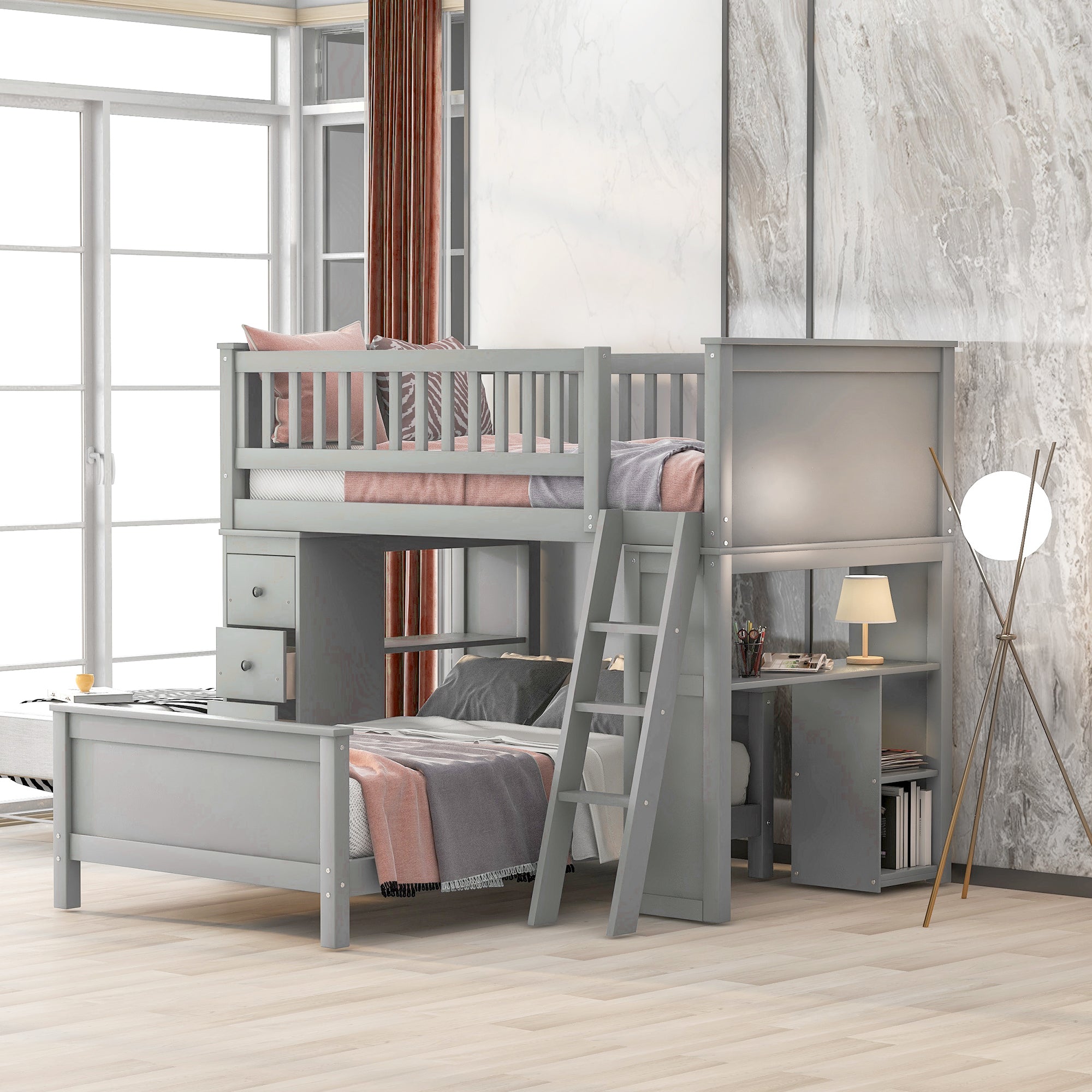 Gray Twin Over Twin Bed with Drawers and Shelves