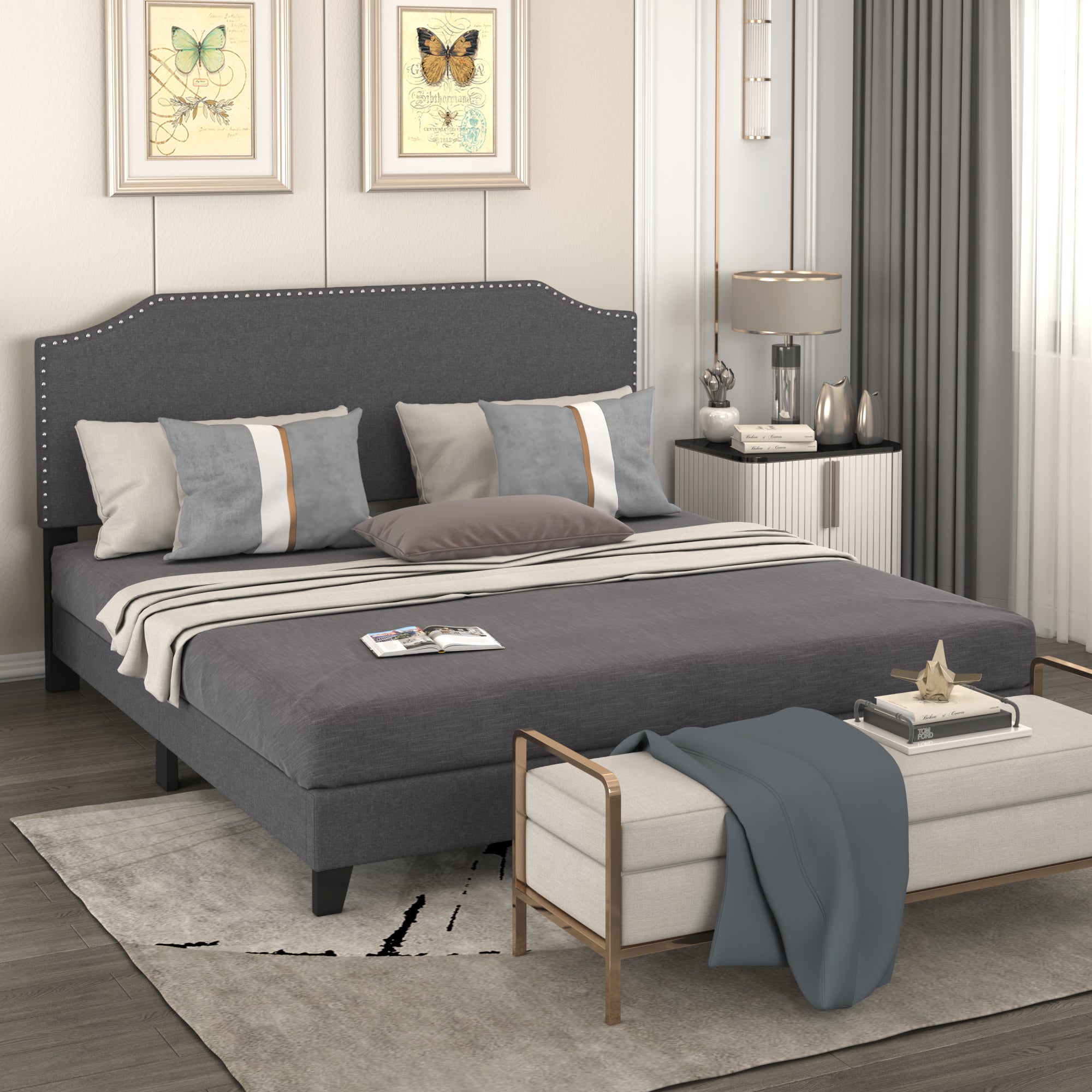 Upholstered Platform Bed Frame with Light Grey Fabric