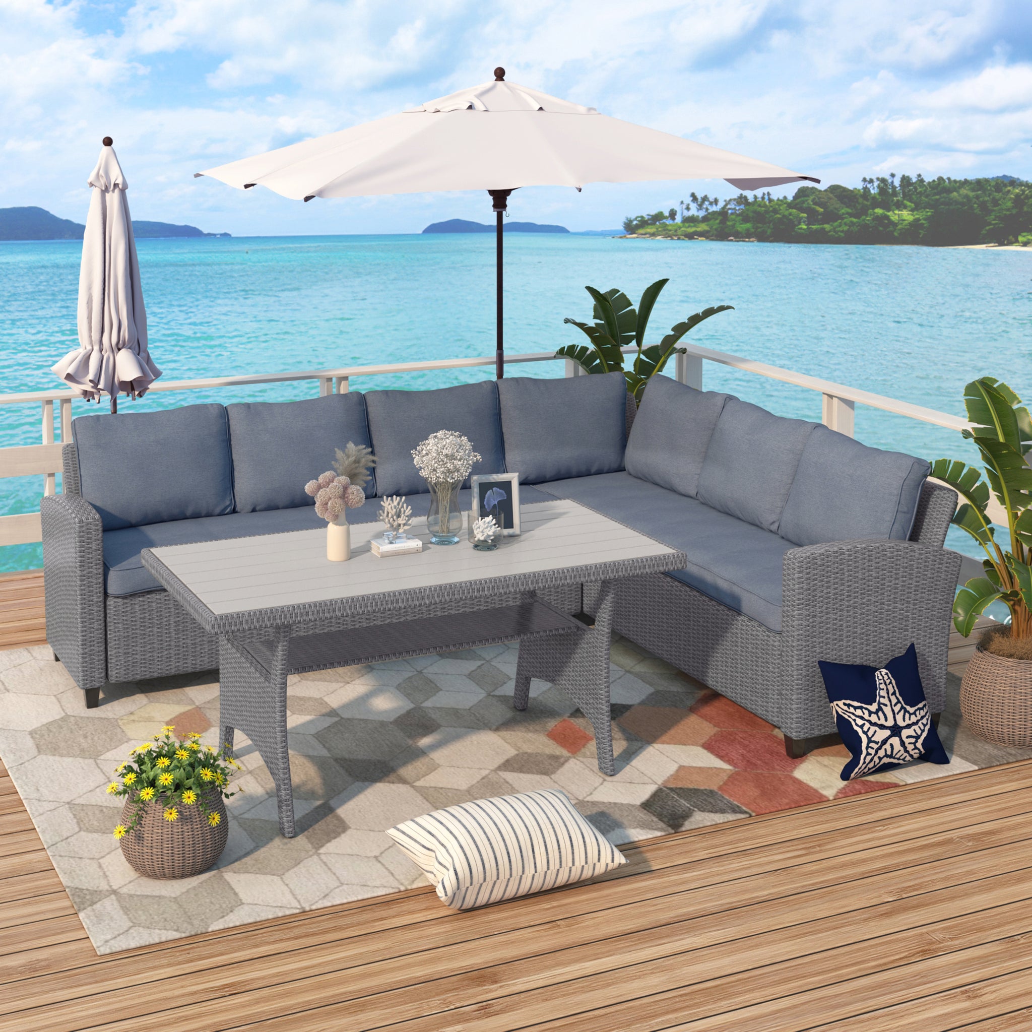 Gray Patio Outdoor Furniture PE Rattan Wicker Sectional Sofa Set