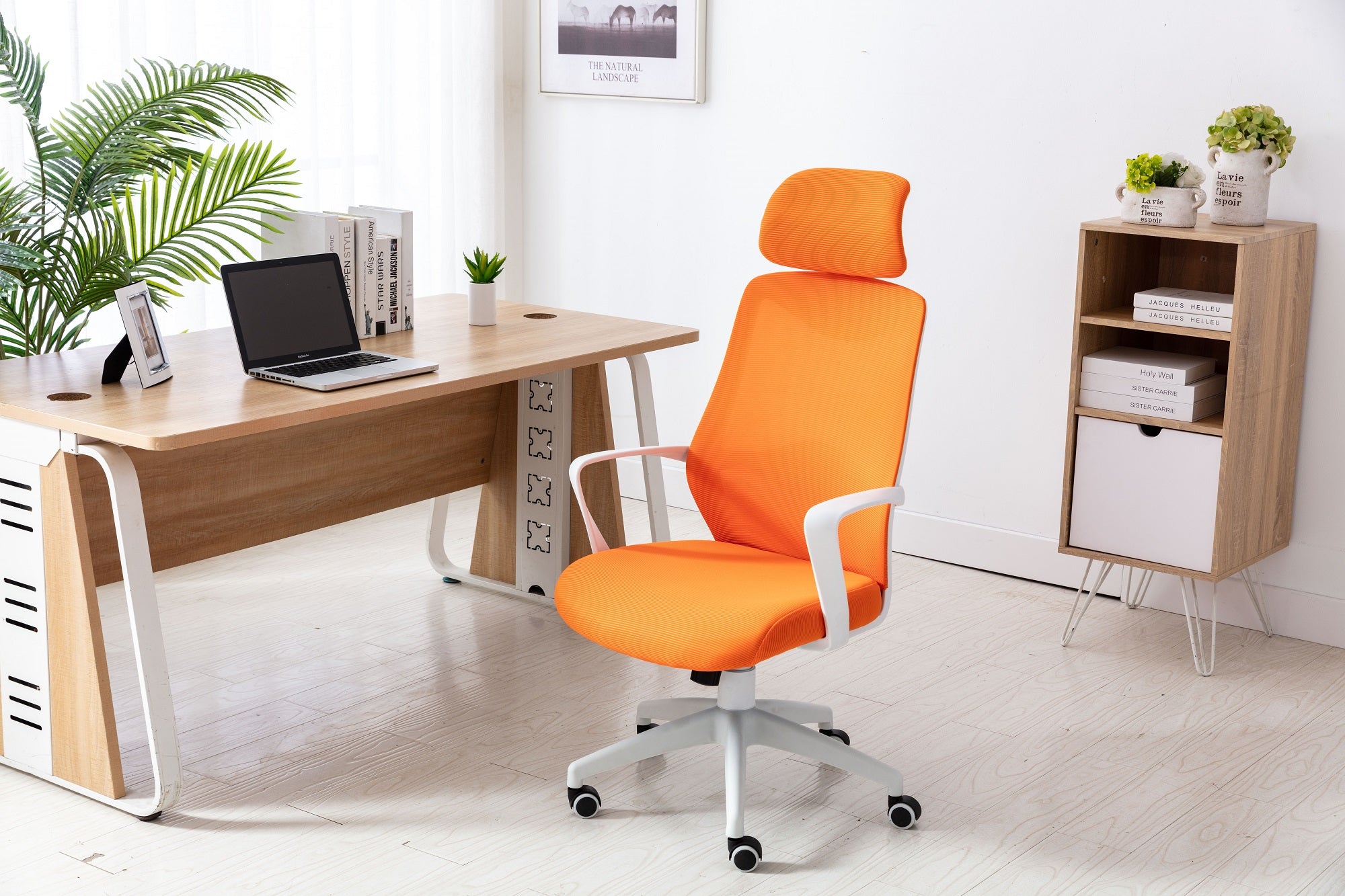 Orange Ergonomic Mesh Reclining Swivel Chair with High Back and Wheels