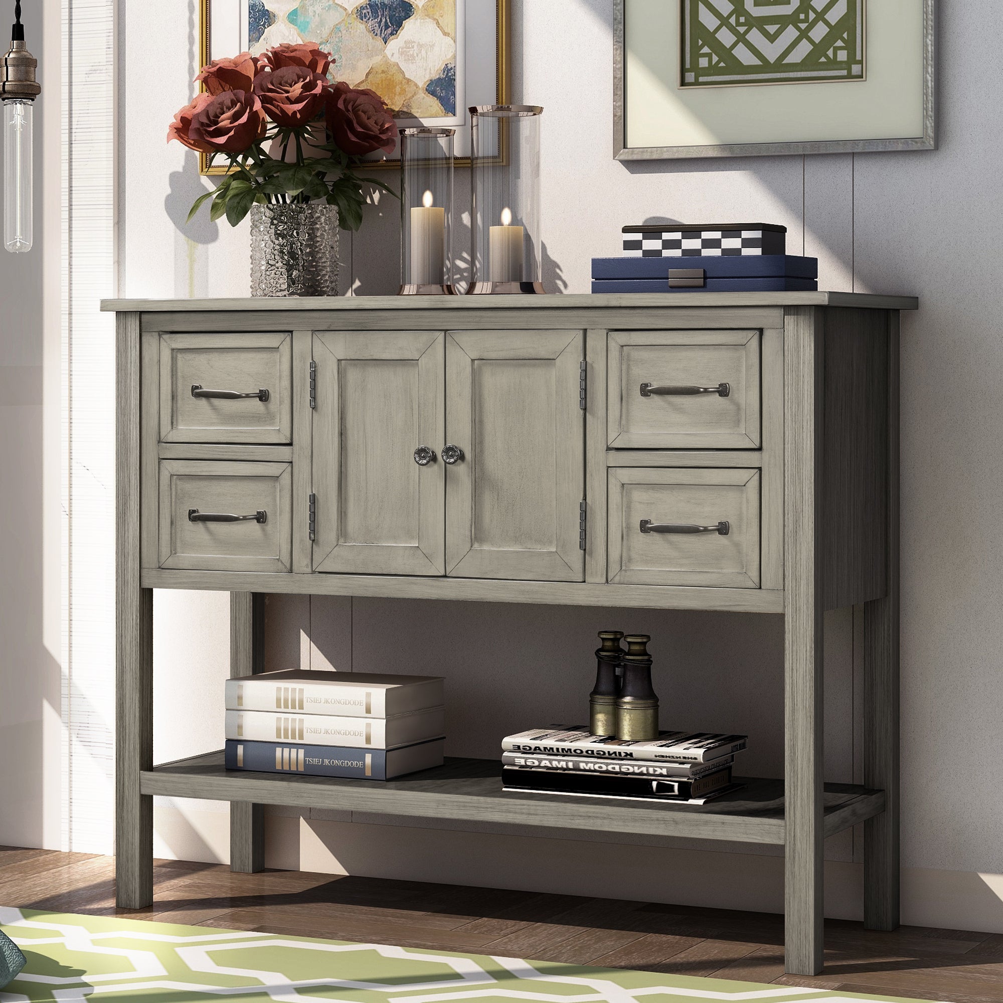 Grey Modern Console Table with 4 Drawers, 1 Cabinet and 1 Shelf
