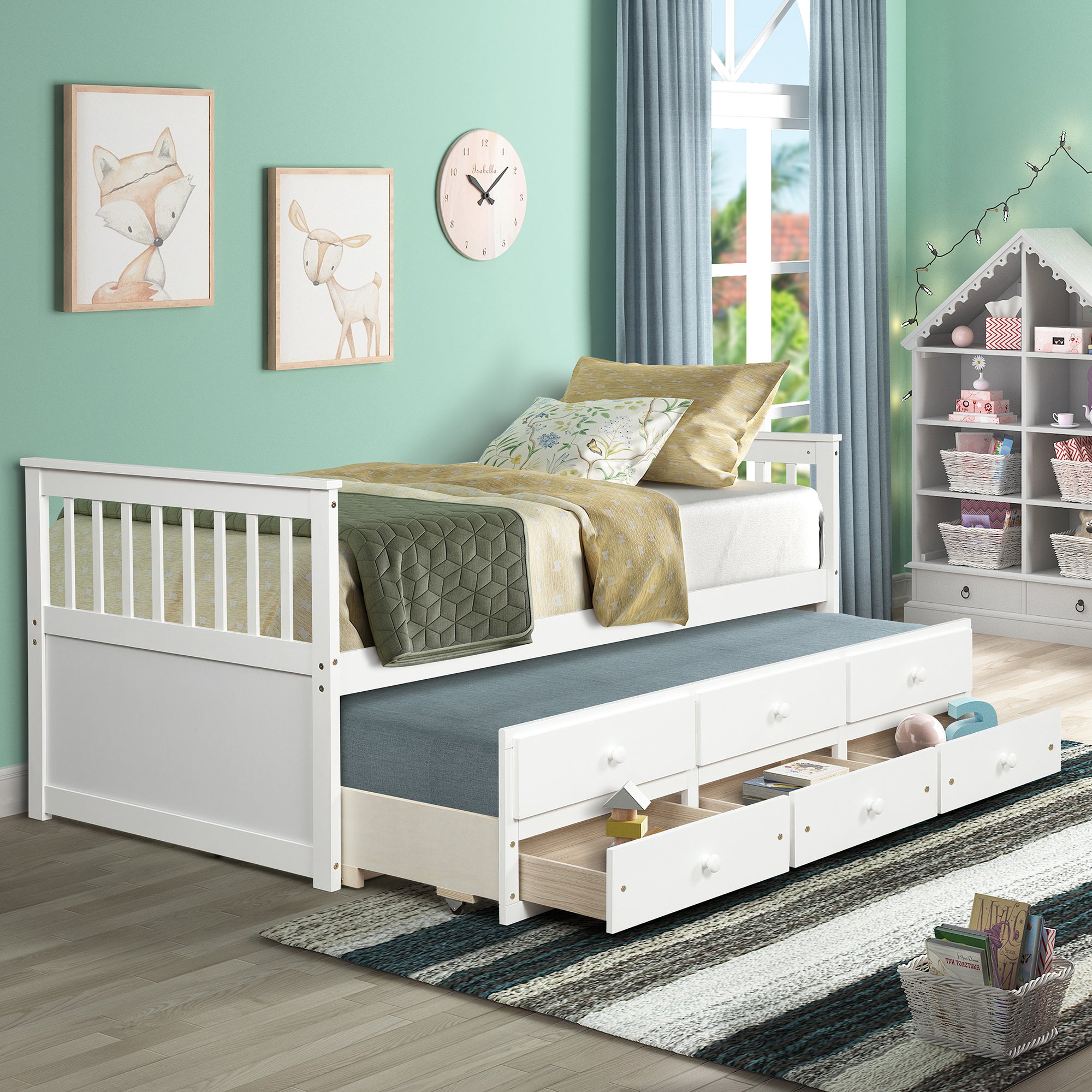 White Twin Daybed with Trundle Bed and Storage Drawers