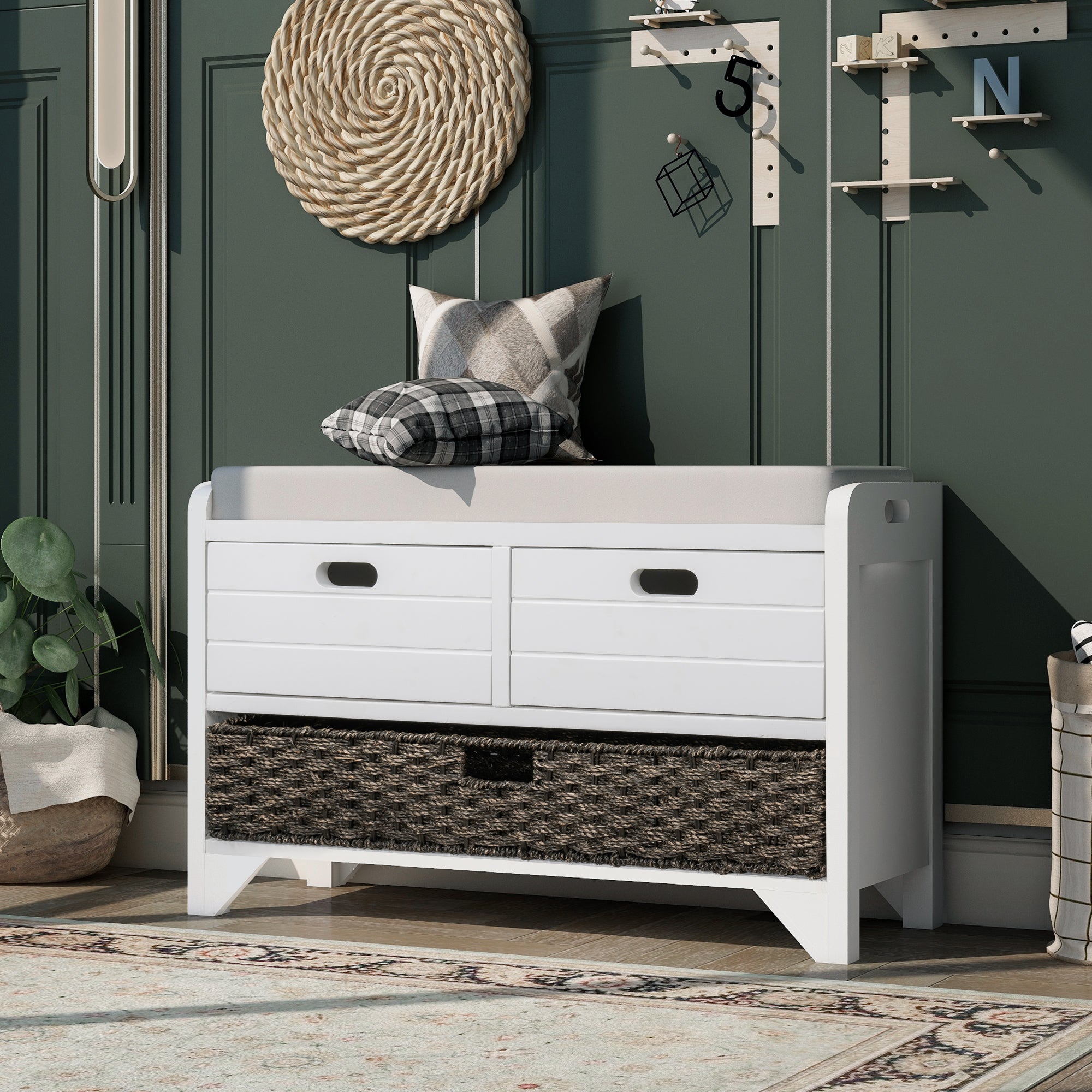 White Storage Entryway Bench with Removable Basket and Drawers