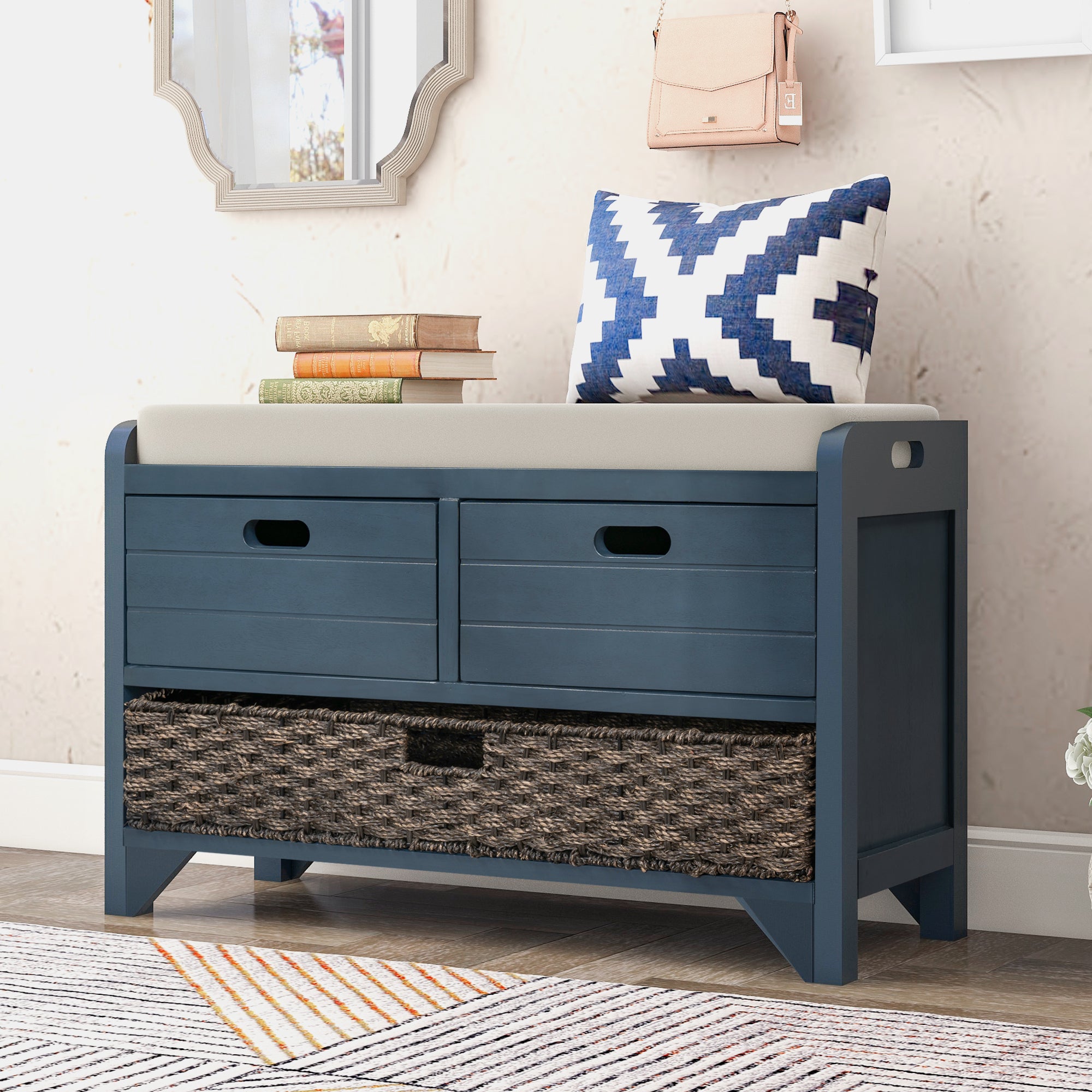 Navy Storage Entryway Bench with Removable Basket and Drawers