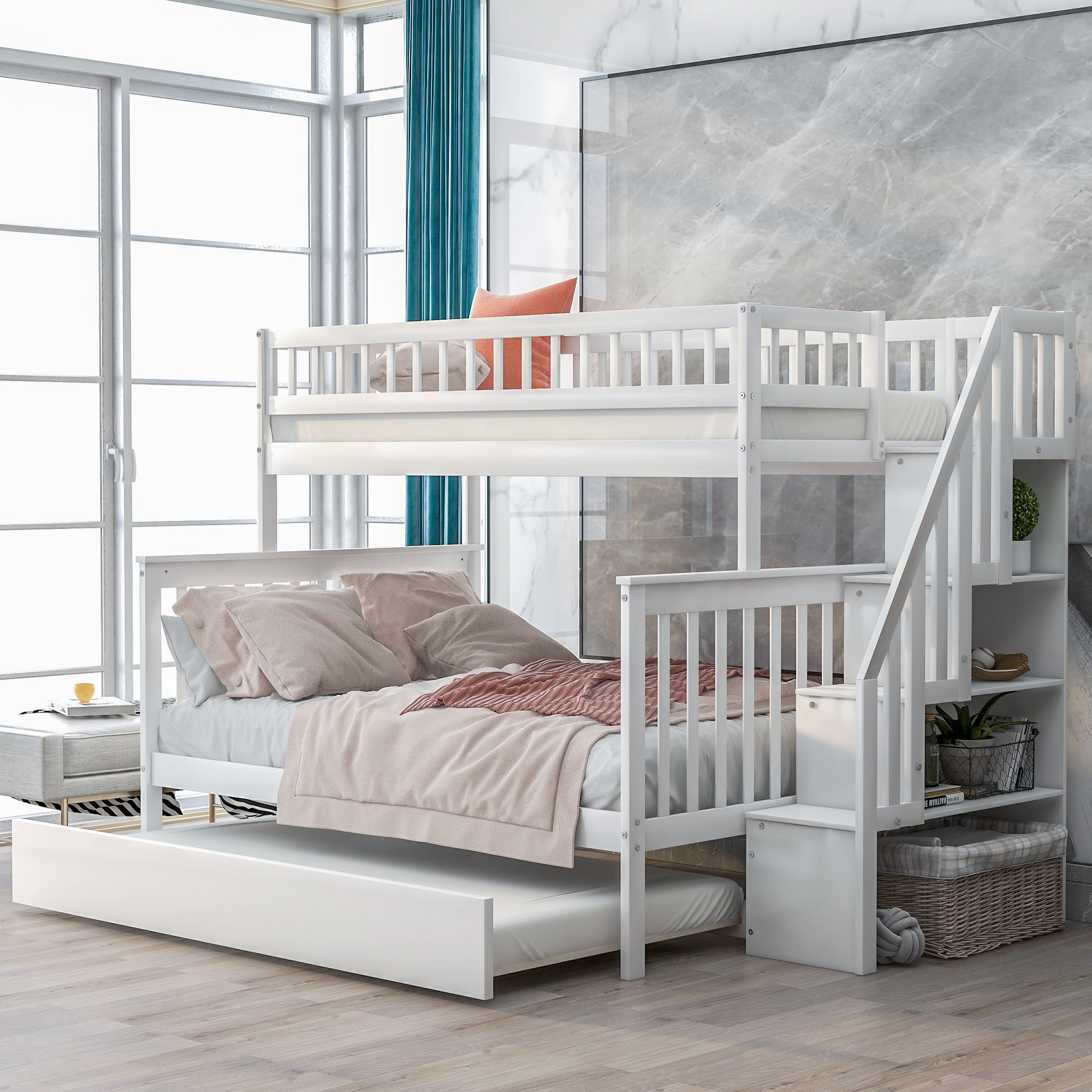 White Twin Over Full Stairway Bunk Bed with Trundle