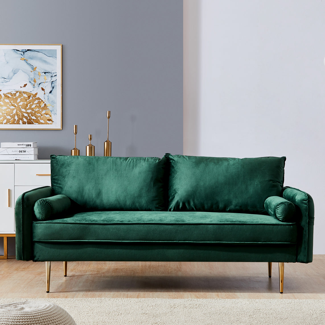 Green Velvet Fabric Sofa with Pocket
