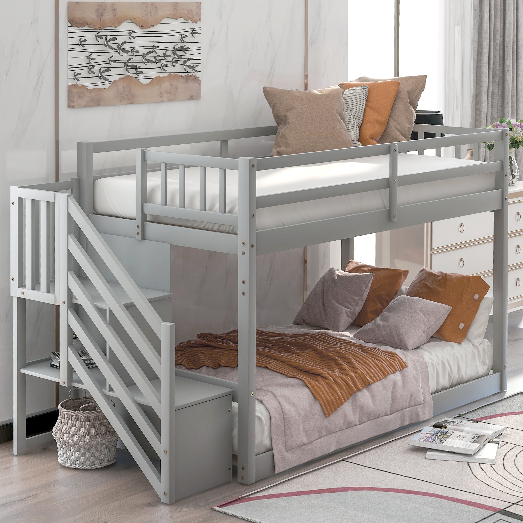Gray Twin over Twin Floor Bunk Bed with Storage