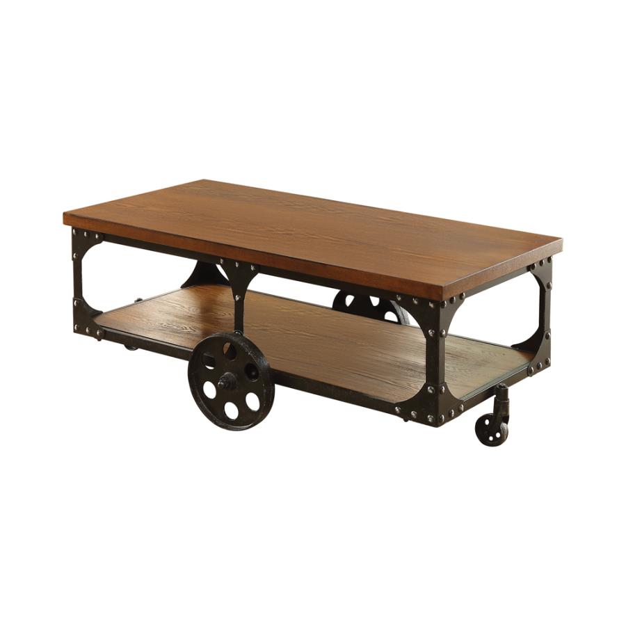 Functional Wheels Coffe Tables in Dark Metal and Rustic Brown Wood Finish.