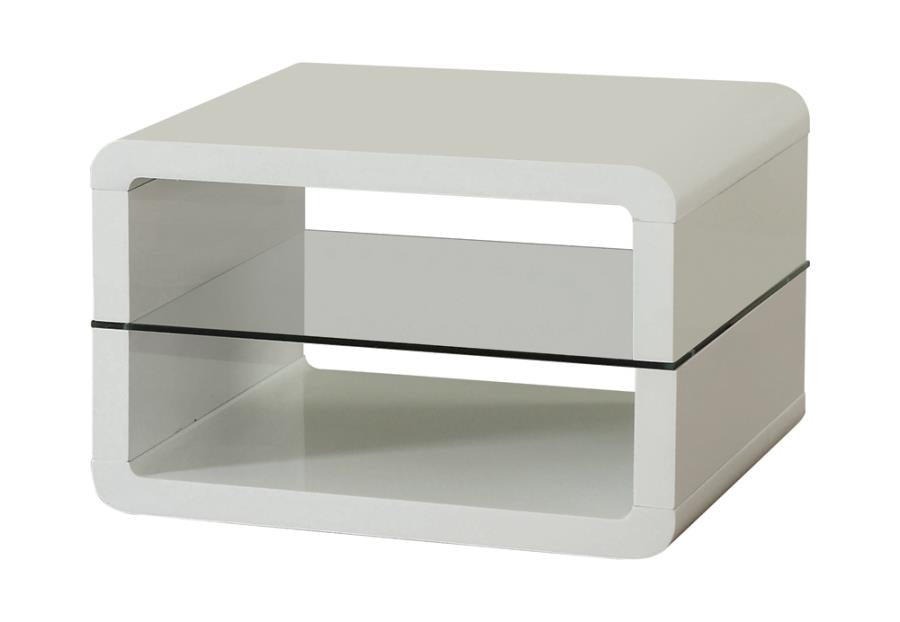 End Table with Curved Corners, Tempered Glass Shelf and Bottom Shelf in Glossy White Finish