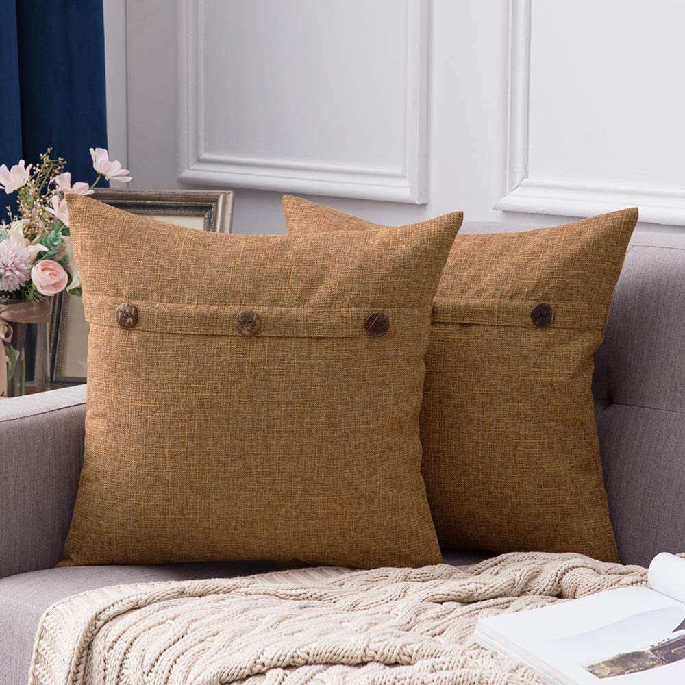 Set of 2 Brown Decorative Linen Throw Pillow Covers Cushion Case 18 x 18 Inch