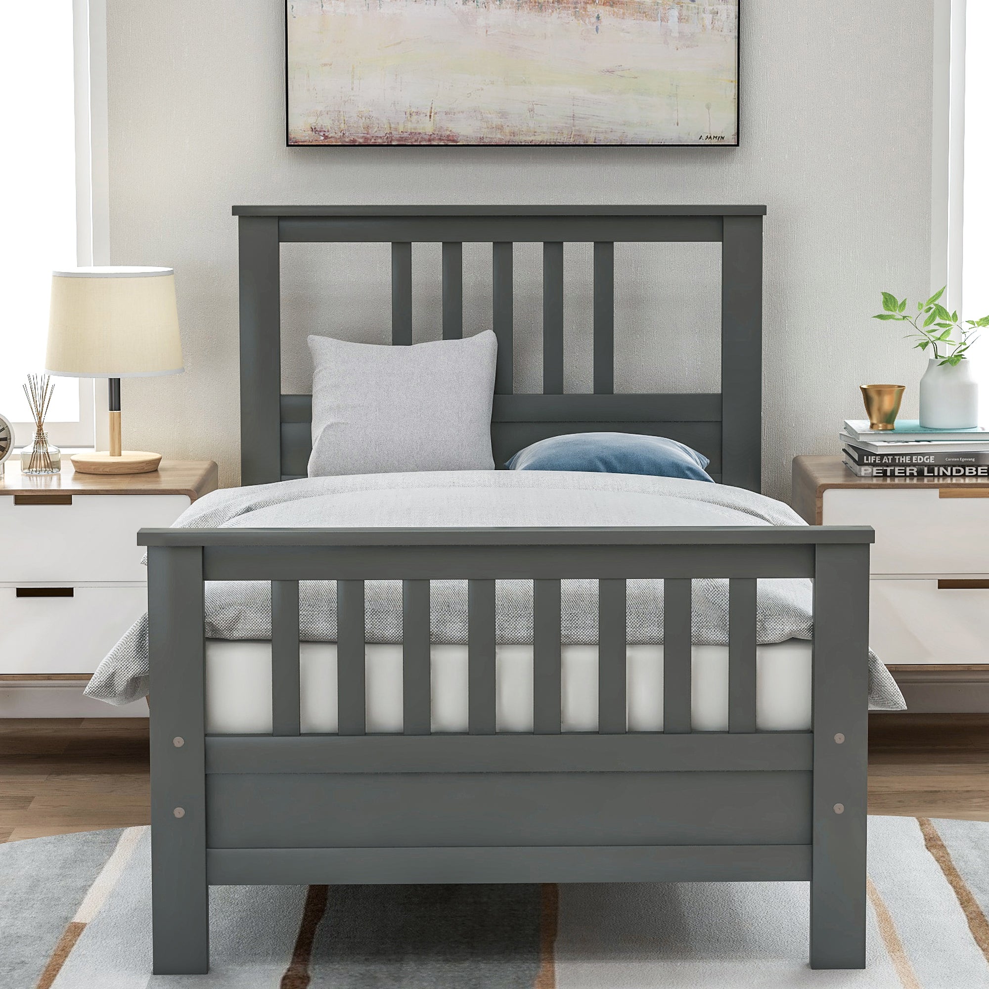 Twin Gray Wood Platform Bed with Headboard and Footboard