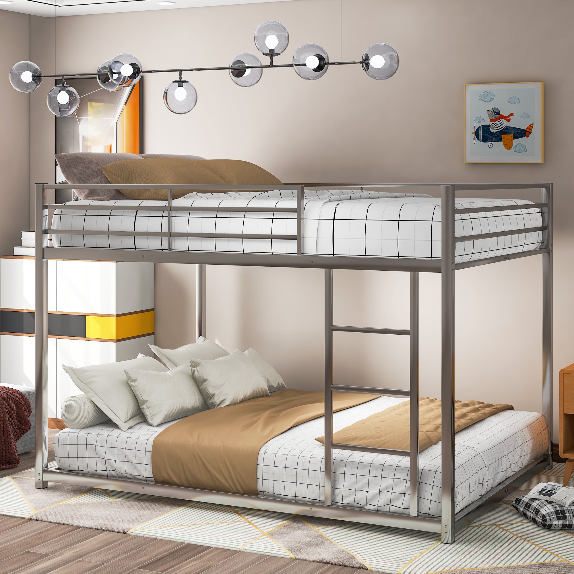 Silver Full Over Full Metal Bunk Bed with Ladder