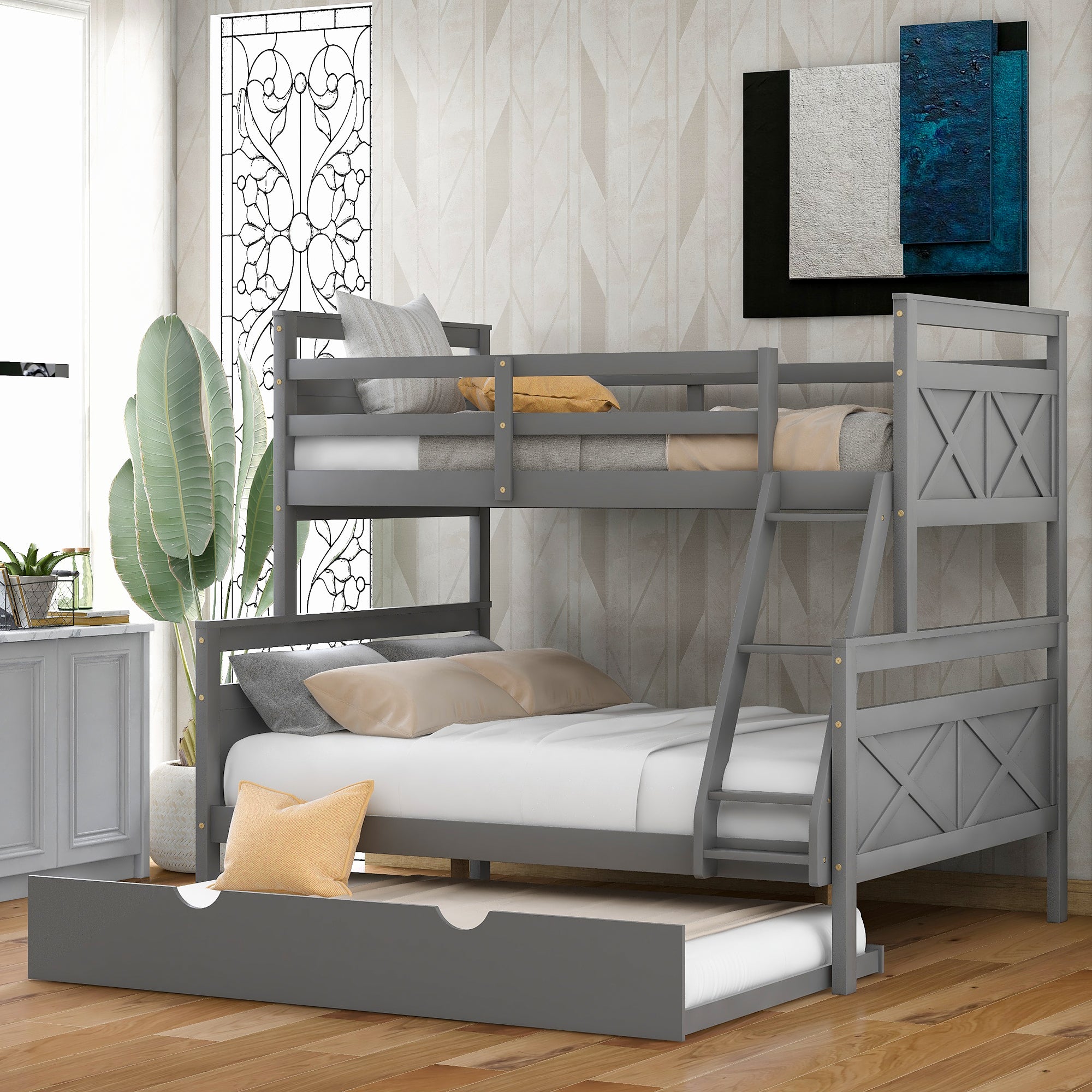 Gray Twin Over Full Bunk Bed with Ladder