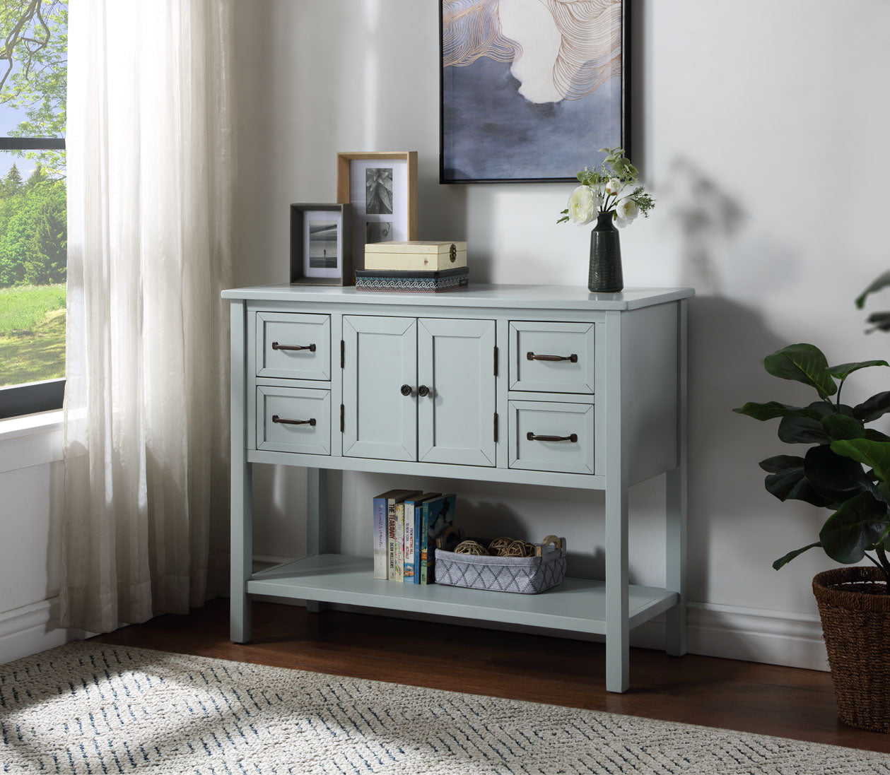 Light Blue Modern Console Table with 4 Drawers, 1 Cabinet and 1 Shelf