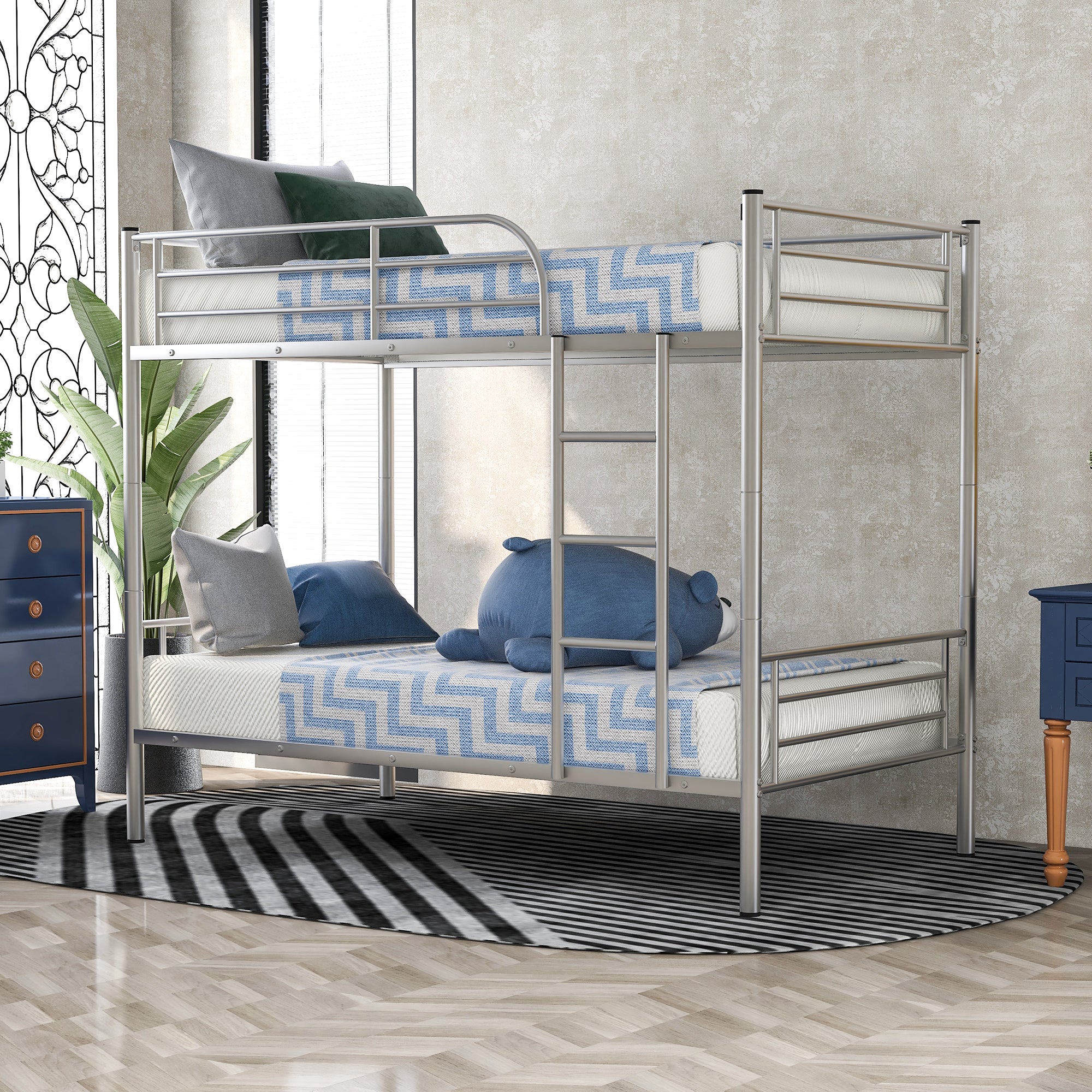 Twin-Over-Twin Metal Bunk Bed in Silver Finish