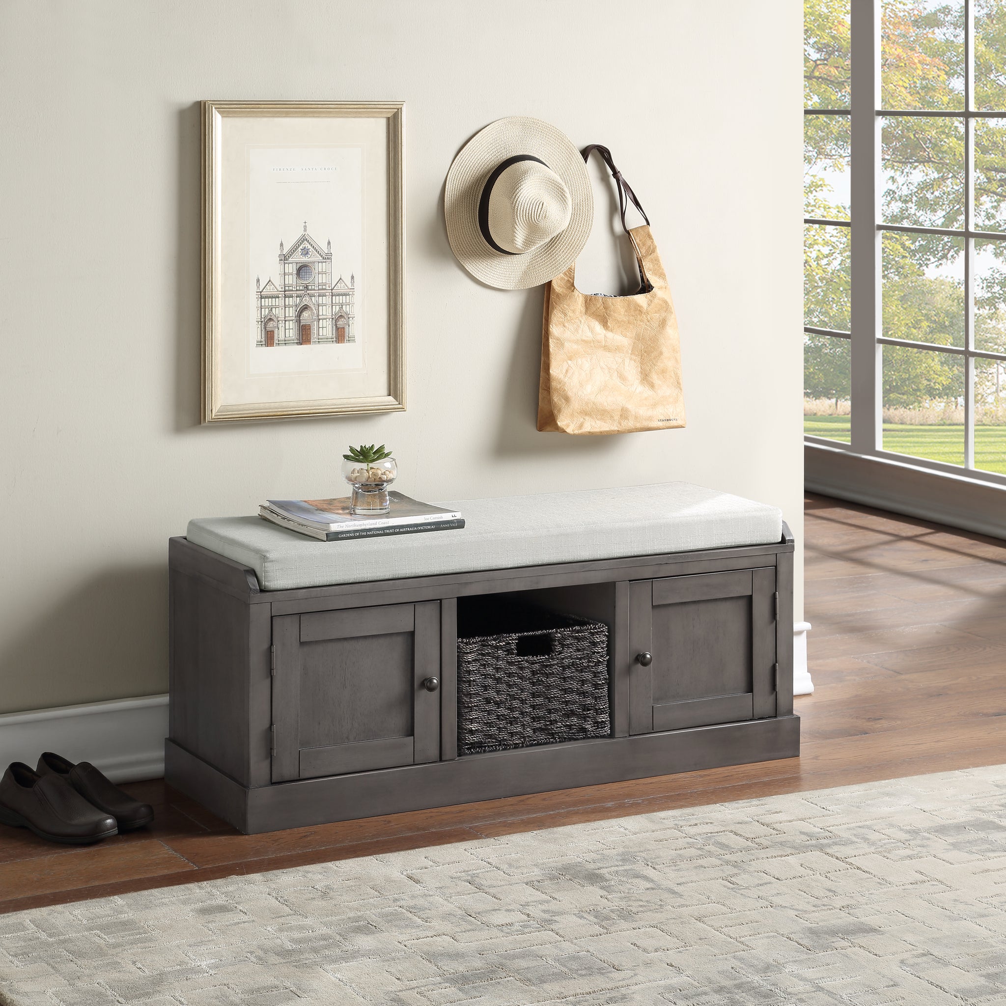 Grey Wood Storage Bench with 2 Cabinets and 1 Basket