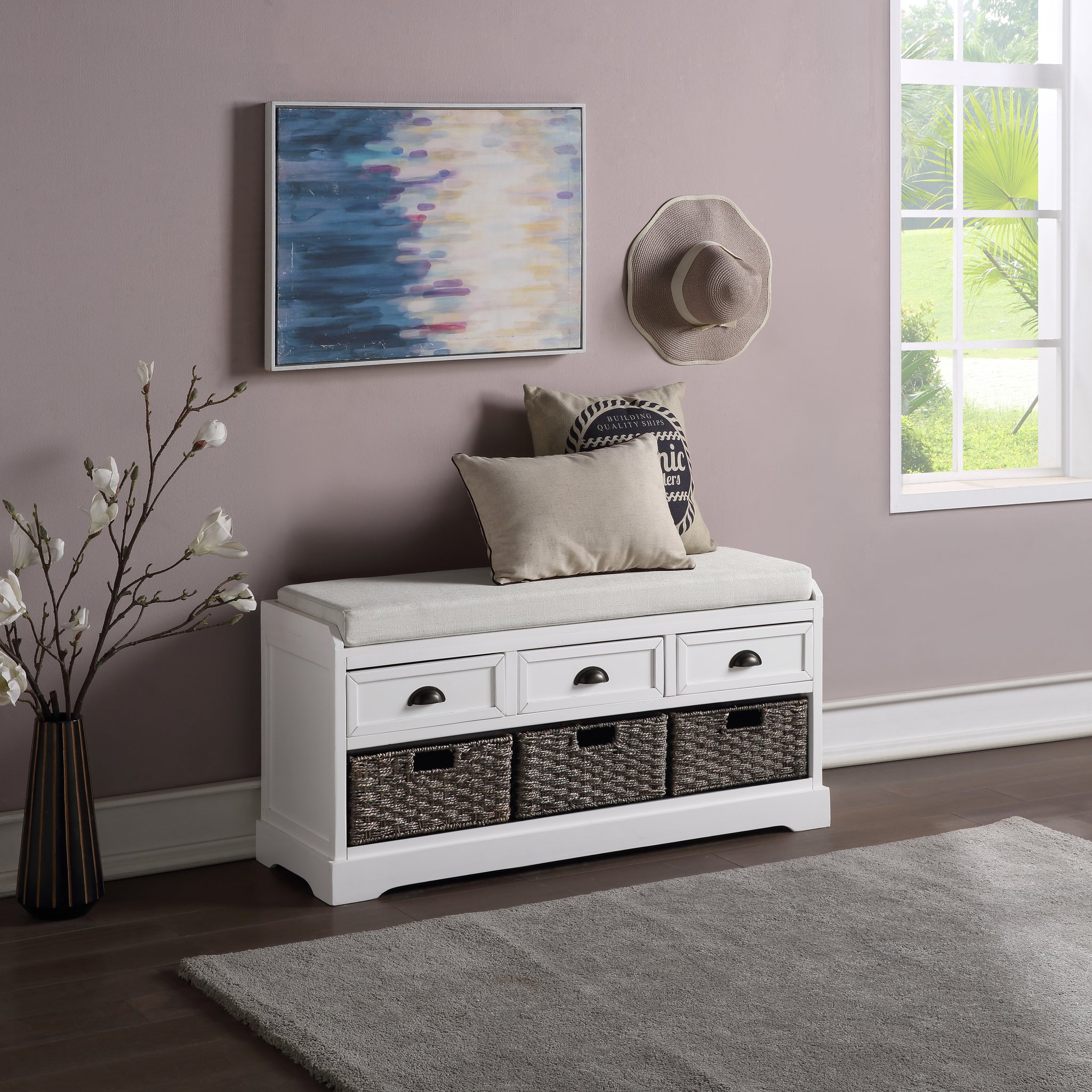 White Homes Collection Wood Storage Bench with 3 Drawers and 3 Baskets