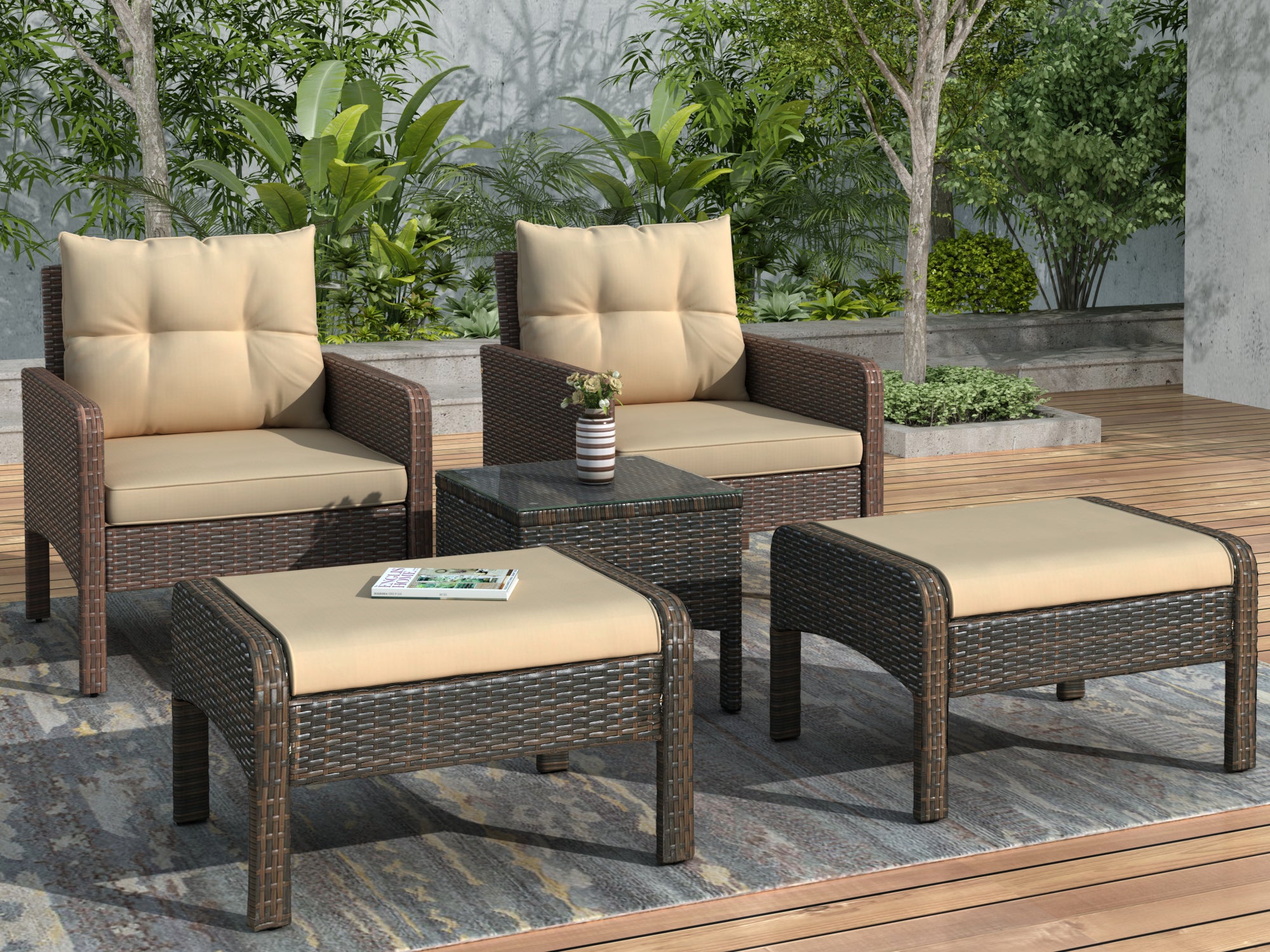 TOPMAX 5-Piece PE Rattan Wicker Outdoor Patio Furniture Set with Glass Table