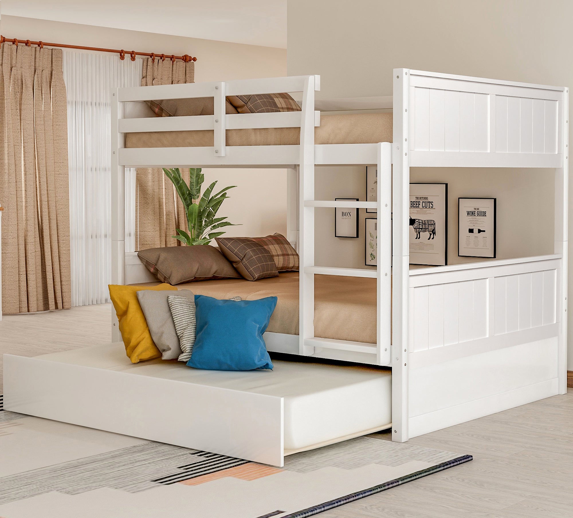 White Full Over Full Bunk Bed with Twin Size Trundle