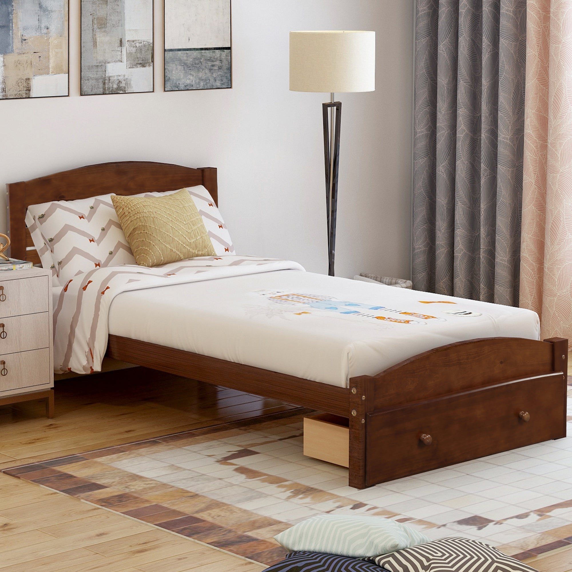 Walnut Platform Twin Bed Frame with Storage Drawer and Wood Slat