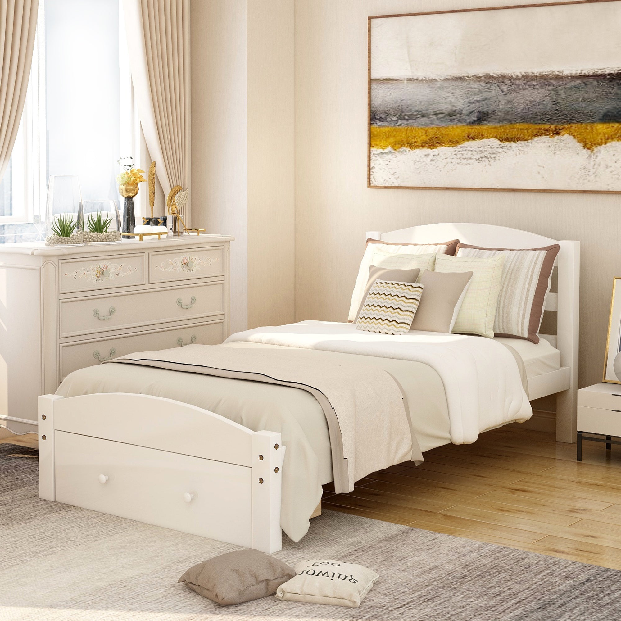 White Platform Twin Bed Frame with Storage Drawer and Wood Slat Support