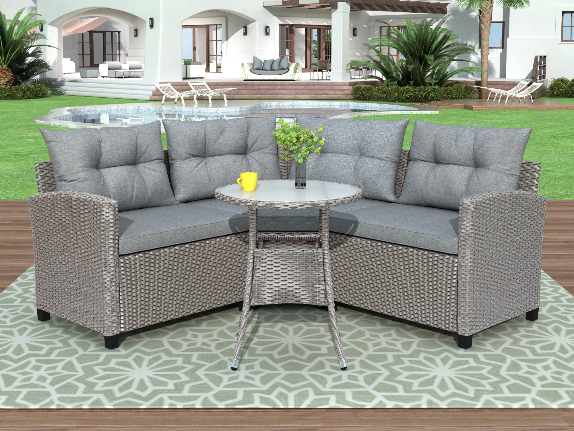 Grey 4 Piece Resin Wicker Patio Furniture Set with Round Table