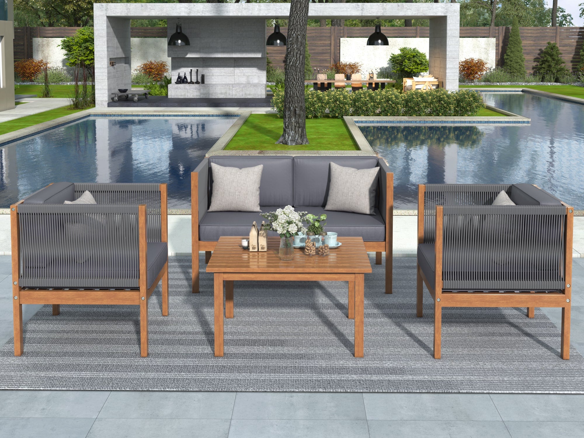 Grey Acacia Wood Outdoor Sofa Seating 4-Pcs Set
